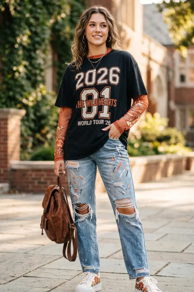 graphic-tee-sheer-sleeves-ripped-jeans-cute-everyday-school-outfits-pinterest