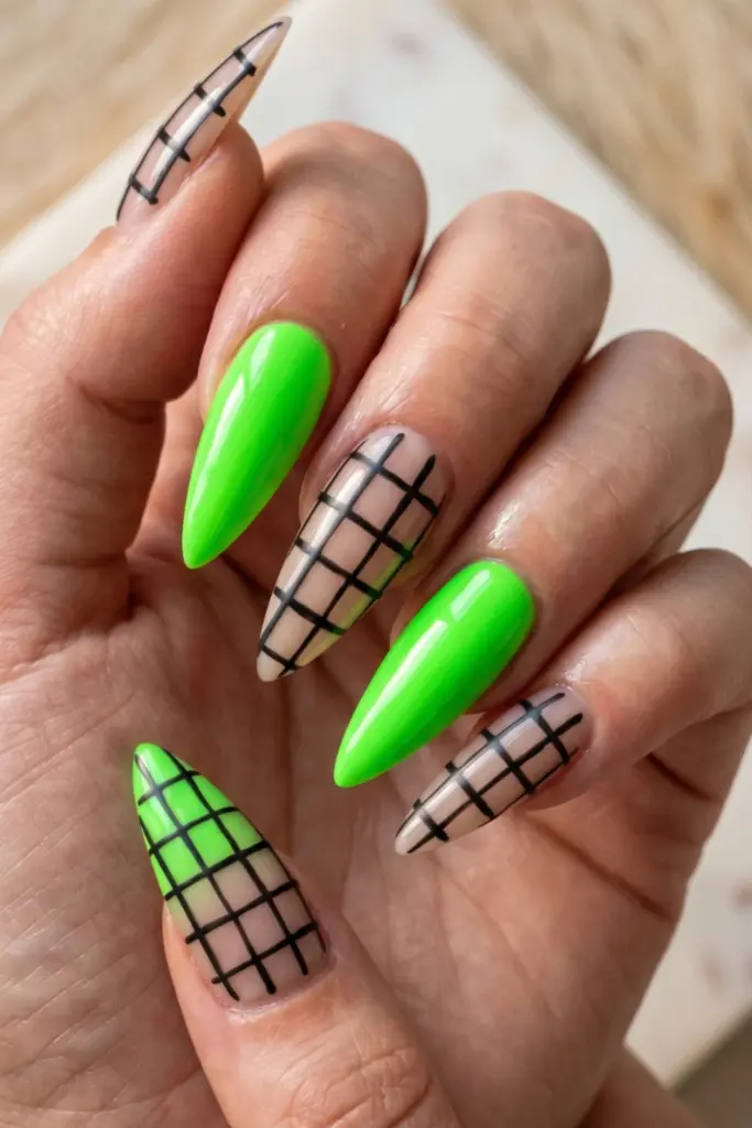 green-neon-checkerboard-lines-stiletto-acrylic-summer-nail-design-ideas