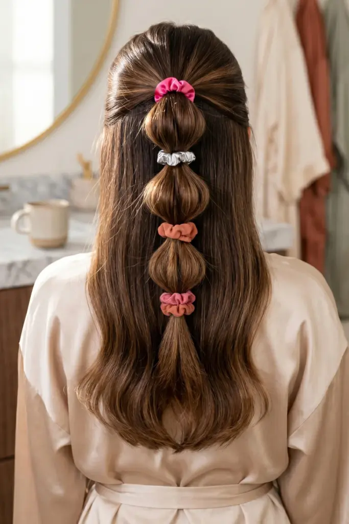 half-up-bubble-ponytail-scrunchies-cute-back-to-school-heatless-hairstyles-healthy-hair