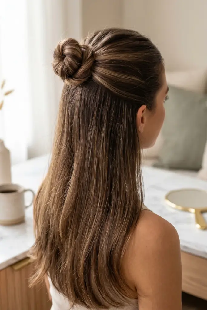half-up-top-knot-cute-back-to-school-hairstyles-busy-mornings