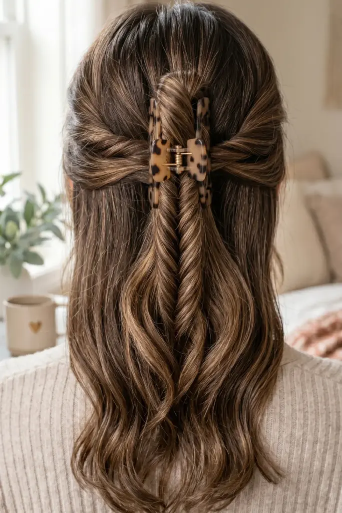 half-up-twist-claw-clip-cute-back-to-school-hairstyles-busy-mornings