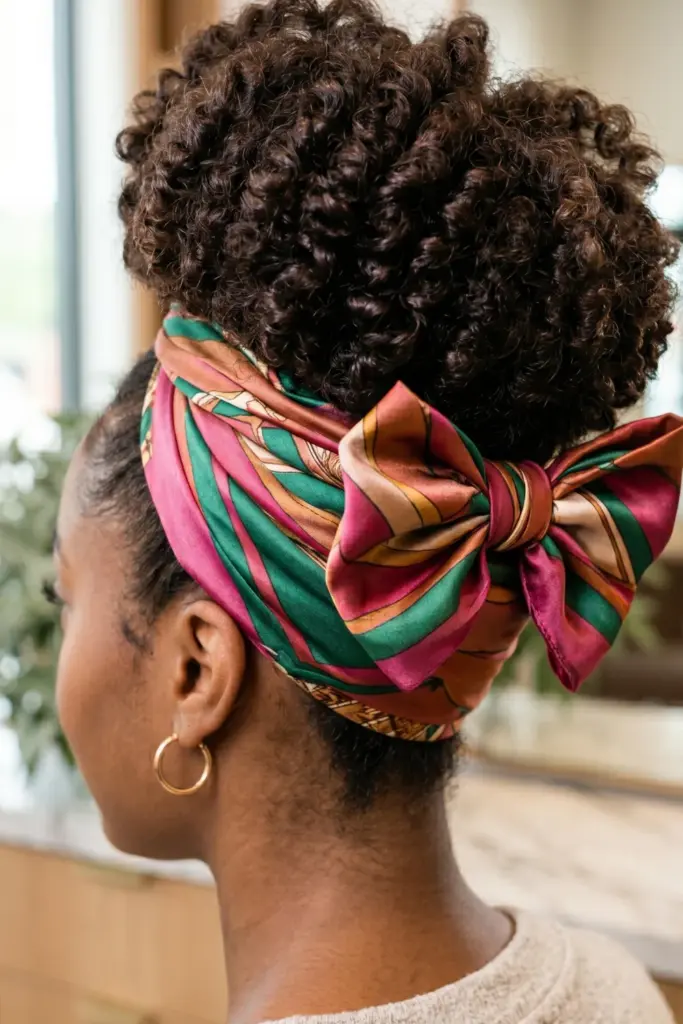 high-puff-with-scarf-cute-trendy-back-to-school-hairstyles-black-women-ideas