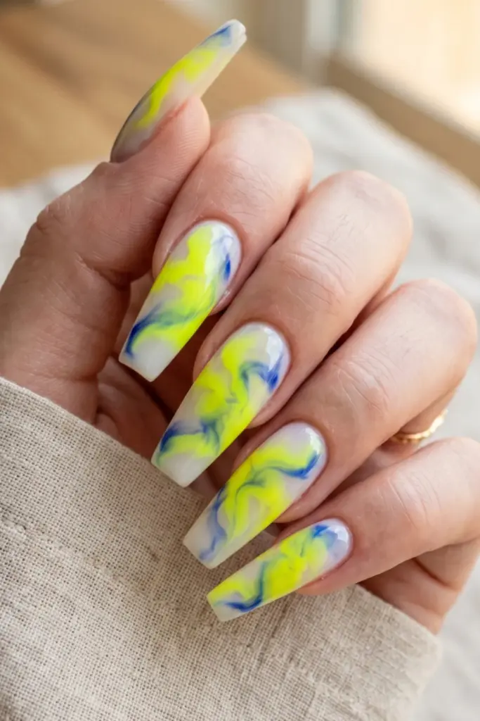 highlighter-yellow-cobalt-blue-tie-dye-swirls-stunning-neon-abstract-swirl-acrylic-summer-nails-designs-ideas