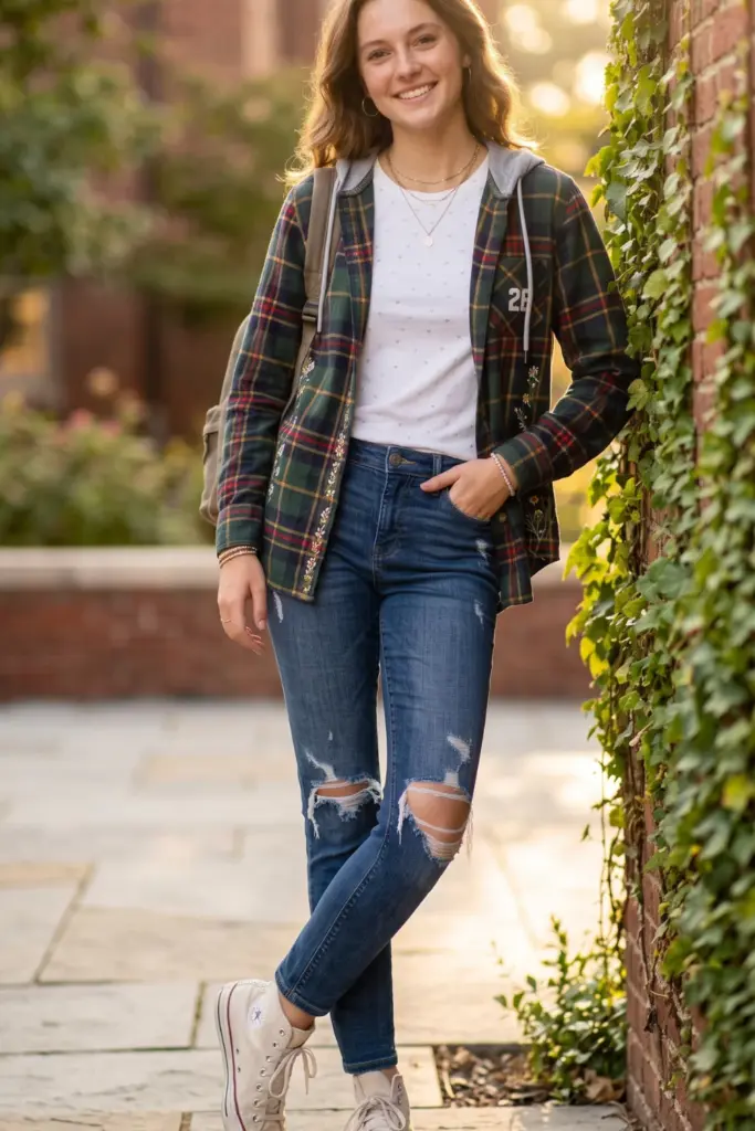 hooded-flannel-shirt-plain-tee-ripped-jeans-school-outfit-picture-day