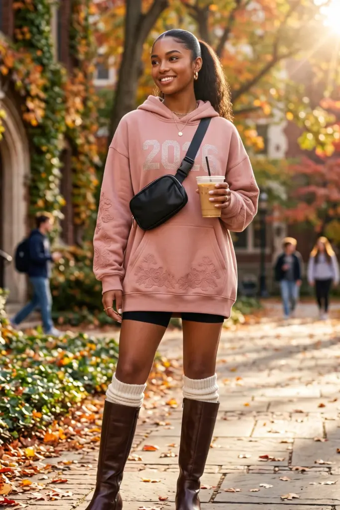 hoodie-dress-knee-high-boots-cute-school-outfit-ideas