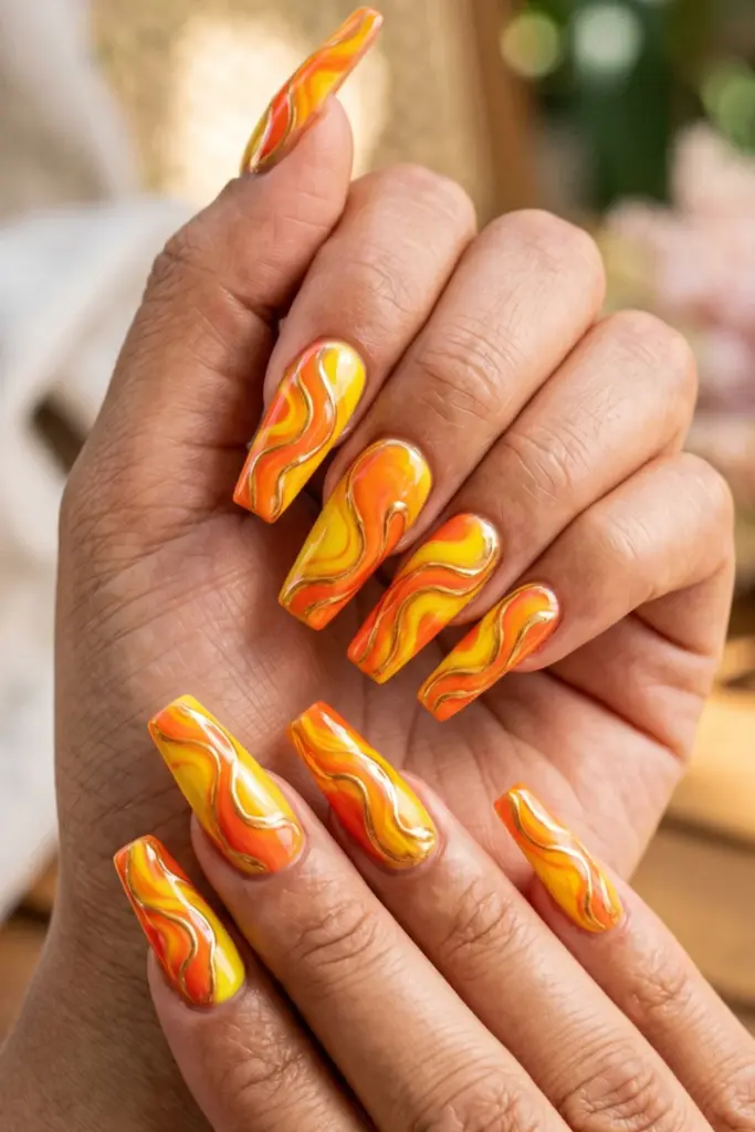 hot-orange-bright-yellow-liquid-metal-swirls-stunning-neon-abstract-swirl-acrylic-summer-nails-designs-ideas