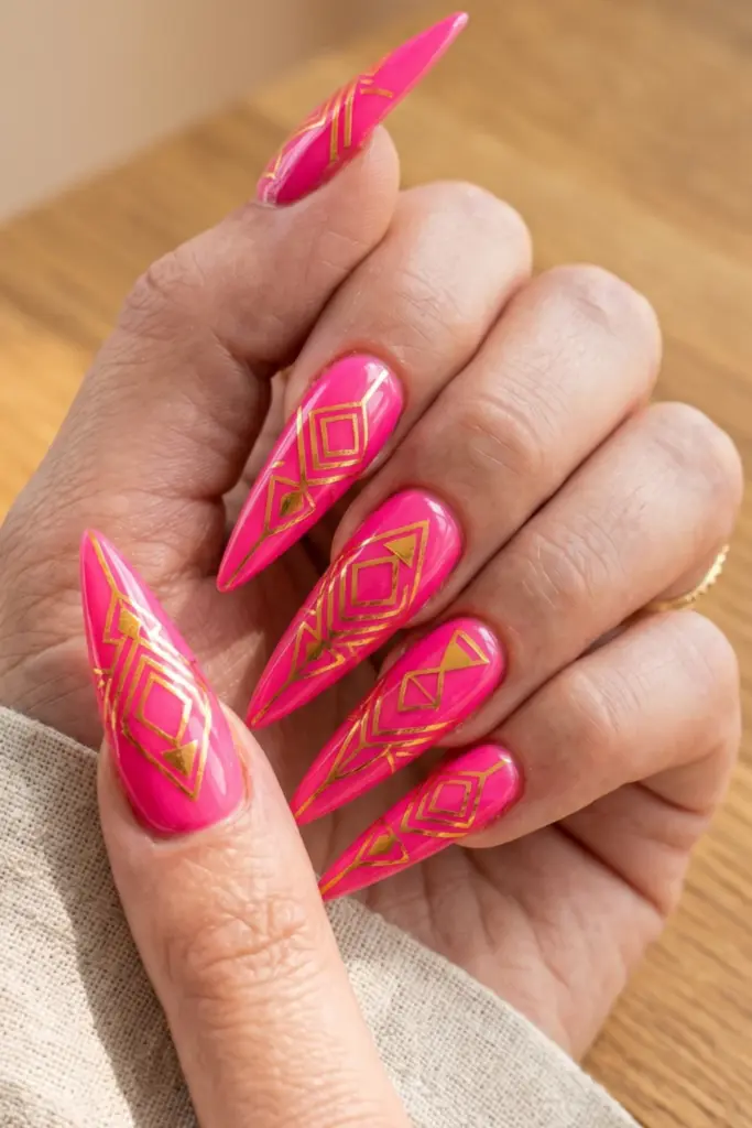 hot-pink-gold-geometric-shapes-stiletto-acrylic-summer-nail-design-ideas