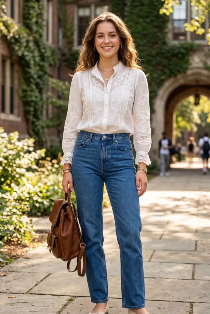 lace-trimmed-blouse-high-rise-jeans-ballet-flats-school-outfit-picture-day