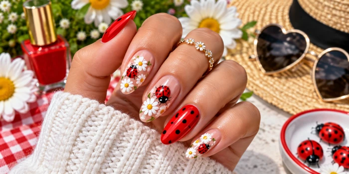 Close-up of glossy red ladybug and white daisy summer nail designs on almond-shaped nails, featuring playful black spots, floral details, and vibrant garden accents.