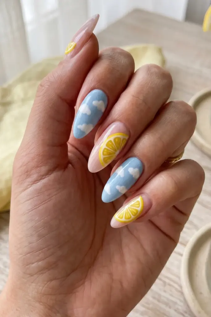 lemon-slice-cloud-combo-blue-yellow-girly-summer-nail-design-ideas