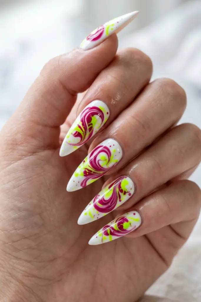 lime-electric-deep-pink-splatter-swirls-stunning-neon-abstract-swirl-acrylic-summer-nails-designs-ideas
