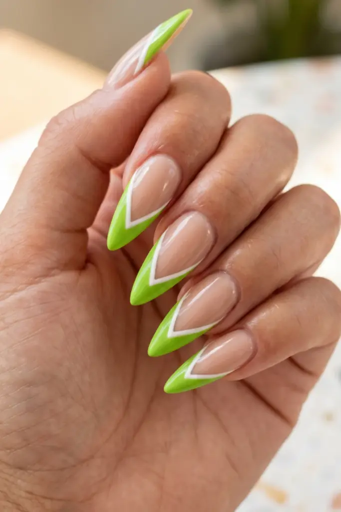 lime-green-white-chevron-stiletto-acrylic-summer-nail-design-ideas