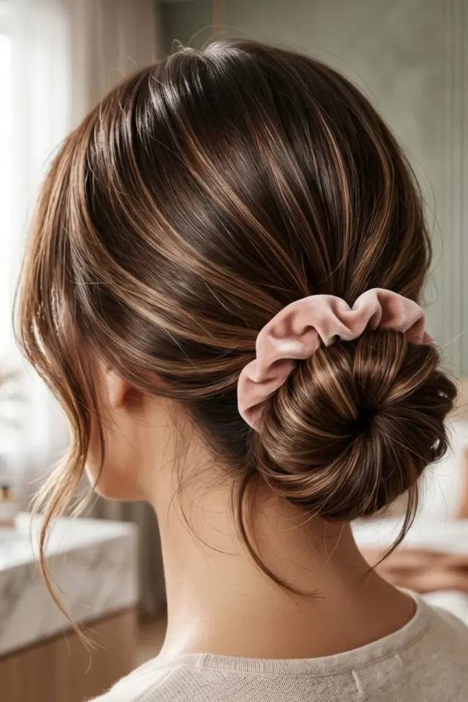 low-messy-bun-velvet-scrunchie-fall-hairstyles