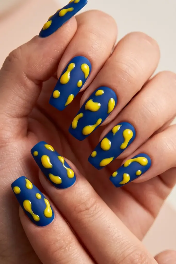matte-blue-glossy-yellow-abstract-blobs-girly-summer-nail-design-ideas
