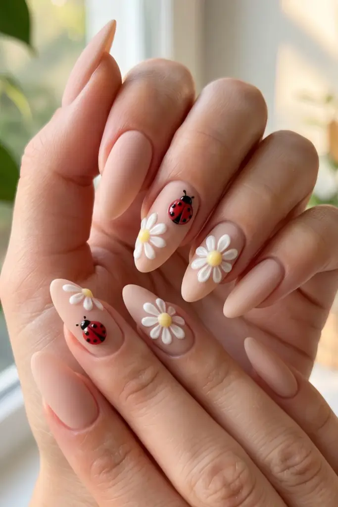 matte-nude-raised-ladybug-daisy-art-summer-nail-designs