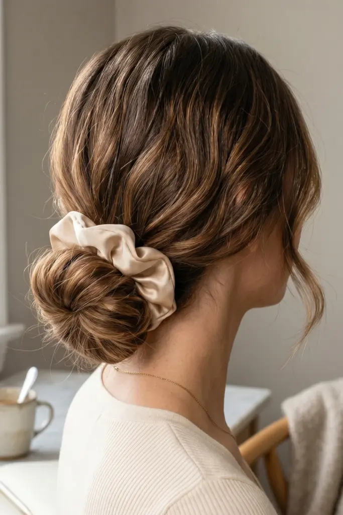messy-low-bun-satin-scrunchies-cute-back-to-school-heatless-hairstyles-healthy-hair