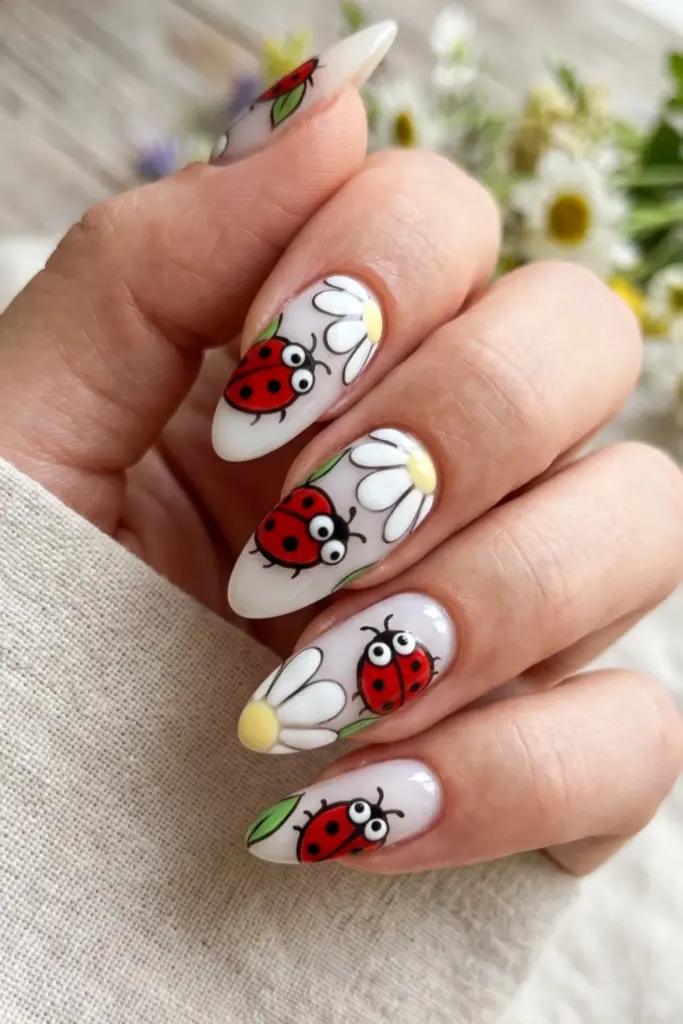 milky-white-base-cartoon-ladybug-daisies-summer-nail-designs