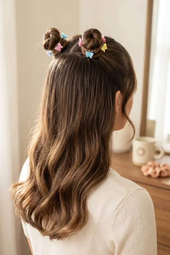 mini-buns-half-up-cute-back-to-school-hairstyles-busy-mornings
