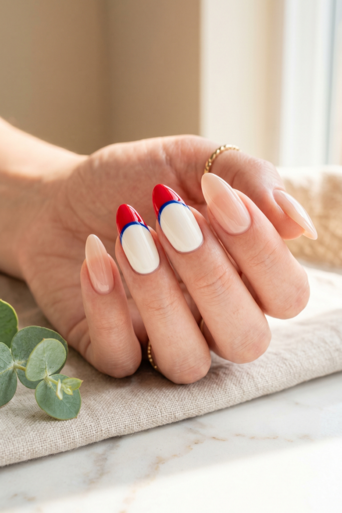 minimalist_patriotic_nails_two_accent_red_tip_white_base_blue_line