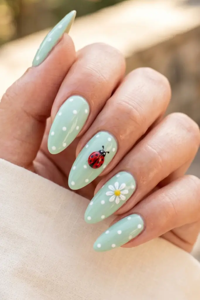 mint-green-white-polka-dots-ladybug-daisy-summer-nail-designs