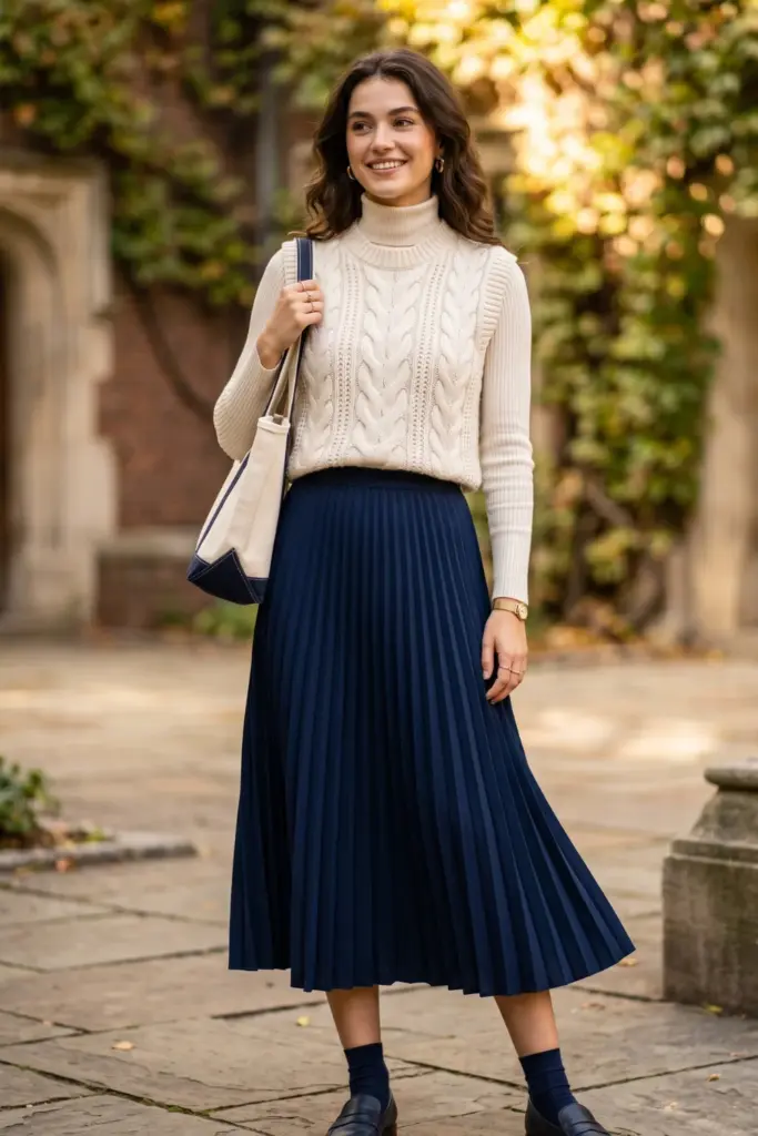 monochrome-knit-vest-pleated-midi-skirt-elegant-aesthetic-school-outfit-design-ideas-going-viral