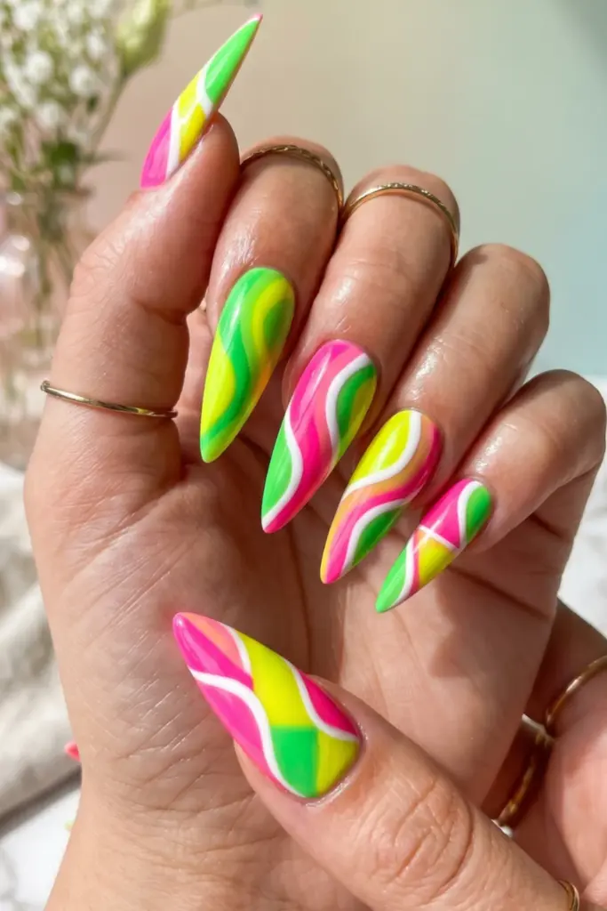 multi-neon-wavy-geometric-lines-stiletto-acrylic-summer-nail-design-ideas