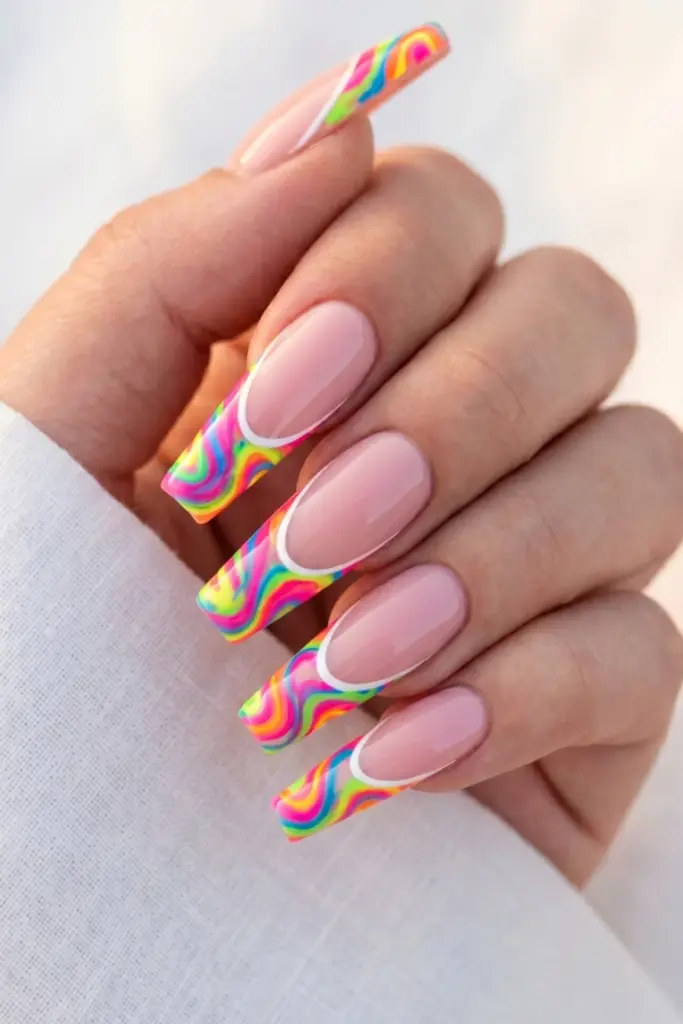 multicolor-neon-swirl-french-acrylic-tips-stunning-neon-abstract-swirl-acrylic-summer-nails-designs-ideas
