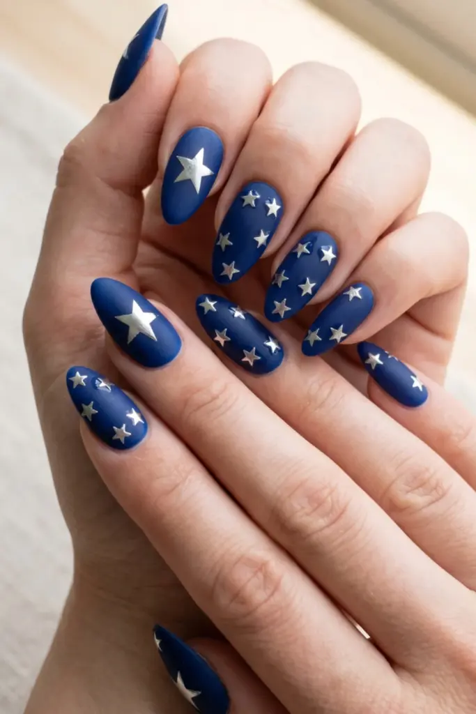 navy-blue-matte-silver-stars-fourth-july-summer-nail-colors-design-ideas