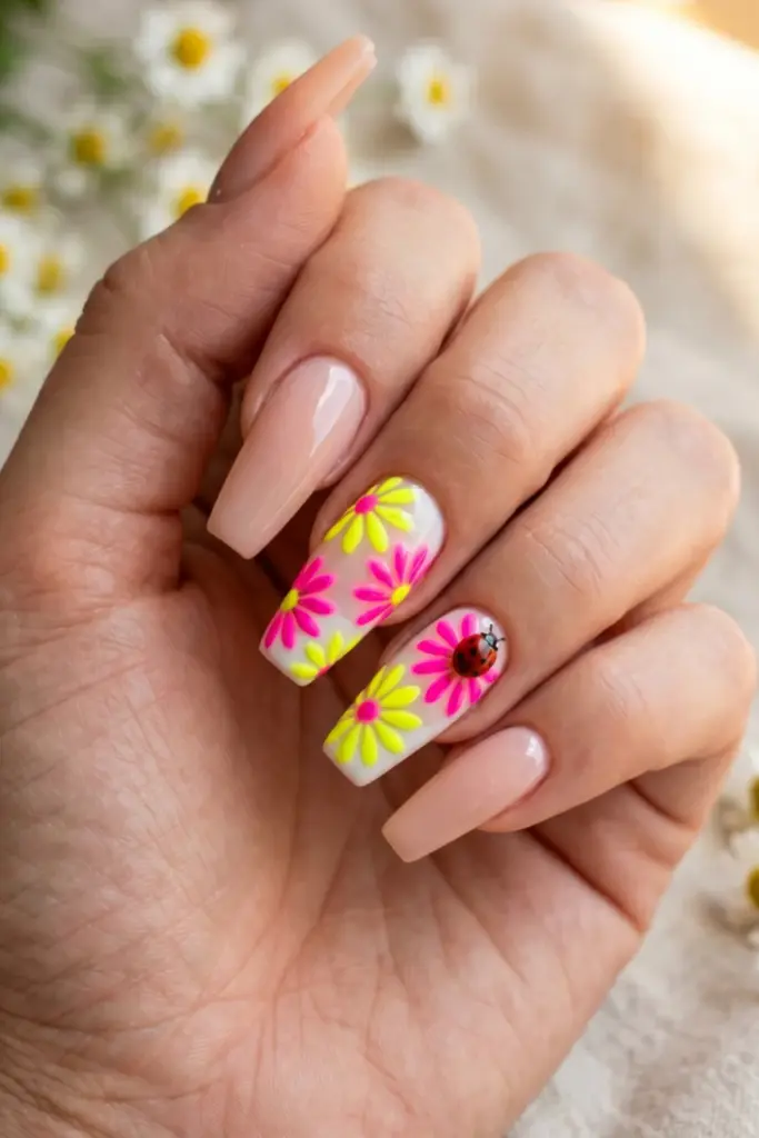 neon-daisy-mini-ladybug-accent-nails-summer-nail-designs