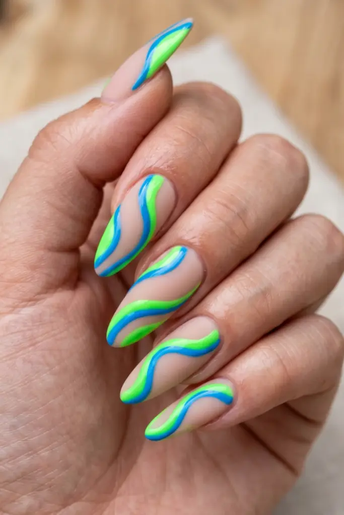 neon-green-bright-blue-psychedelic-waves-stunning-neon-abstract-swirl-acrylic-summer-nails-designs-ideas