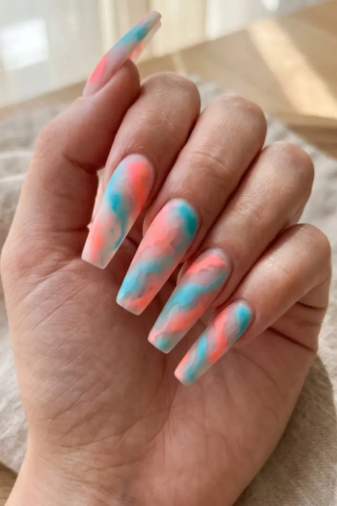 neon-peach-bright-turquoise-watercolor-swirls-stunning-neon-abstract-swirl-acrylic-summer-nails-designs-ideas