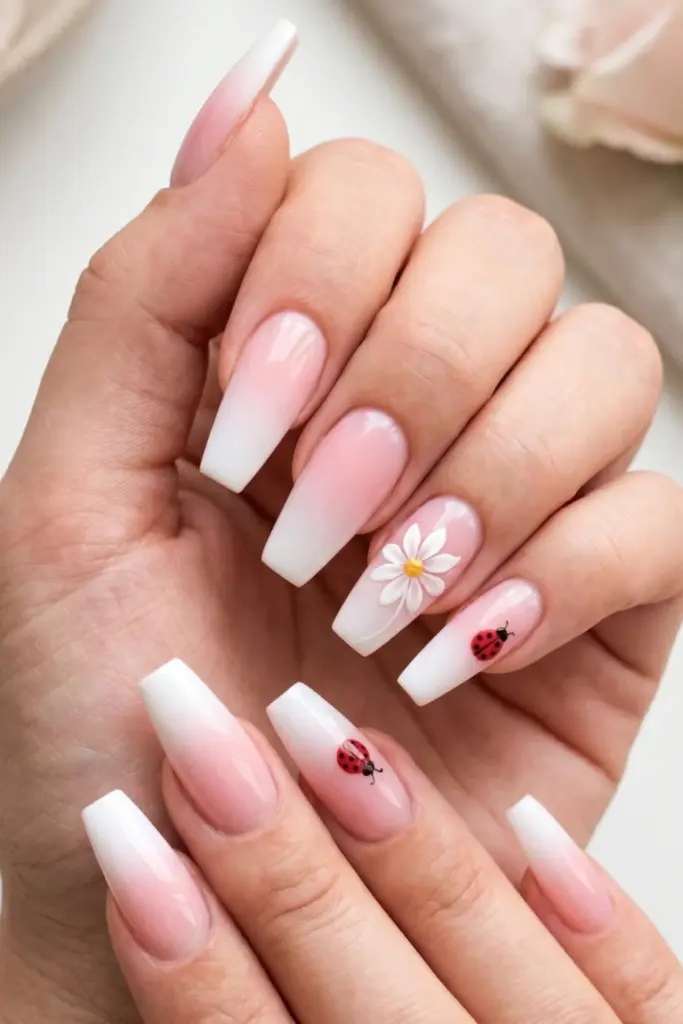 ombre-pink-to-white-ladybug-daisy-mix-summer-nail-designs
