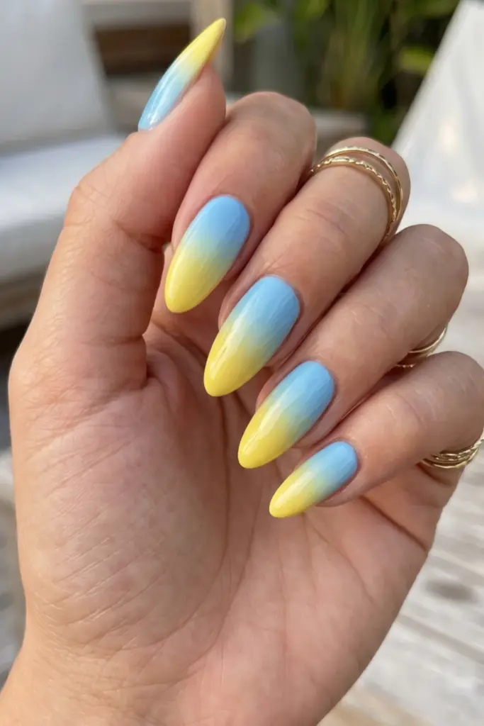 ombre-sky-sunshine-fade-blue-yellow-girly-summer-nail-design-ideas