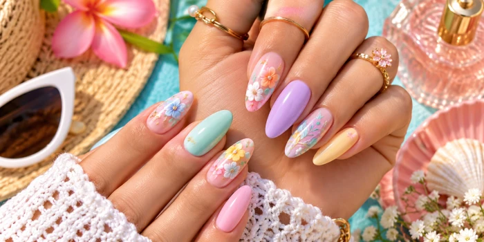 Pastel nail art trends featuring glossy pink, lavender, mint, blue, peach, and yellow summer nails with delicate floral accents, gold details, and elegant feminine styling.