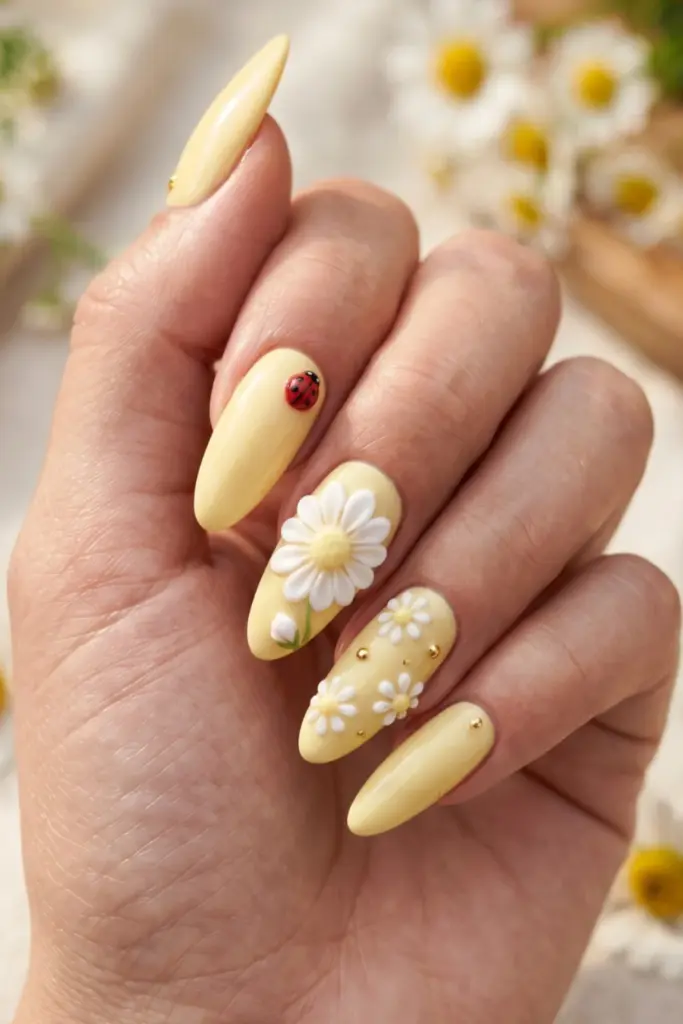 pastel-yellow-base-3d-ladybug-daisies-summer-nail-designs
