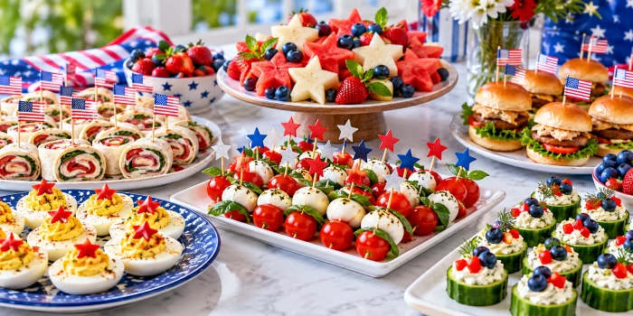 Patriotic finger foods for a stunning Fourth of July party featuring red, white, and blue appetizers, mini sliders, pinwheels, caprese skewers, deviled eggs, fresh berries, watermelon stars, and festive table decorations.