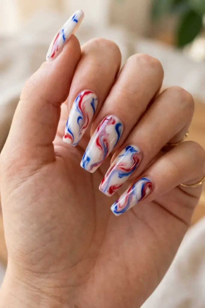 patriotic-marble-swirl-fourth-july-summer-nail-colors-design-ideas
