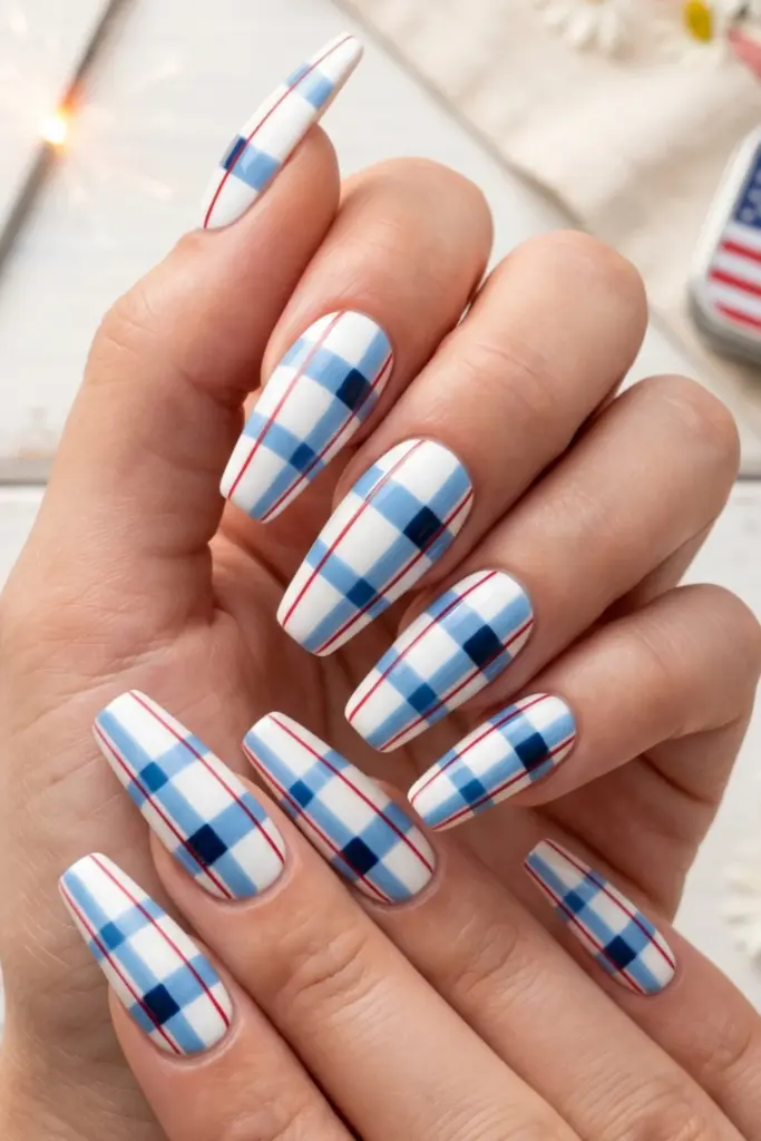 patriotic-plaid-cowboy-inspired-fourth-july-summer-nail-colors-design-ideas