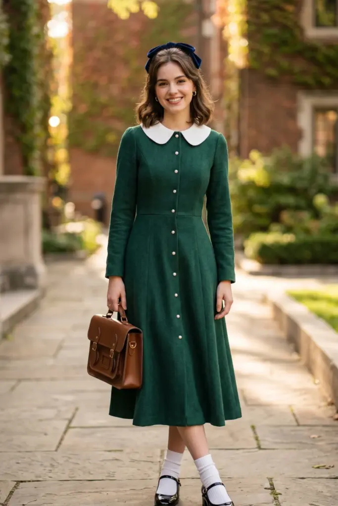 peter-pan-collar-dress-mary-jane-flats-elegant-aesthetic-school-outfit-design-ideas-going-viral