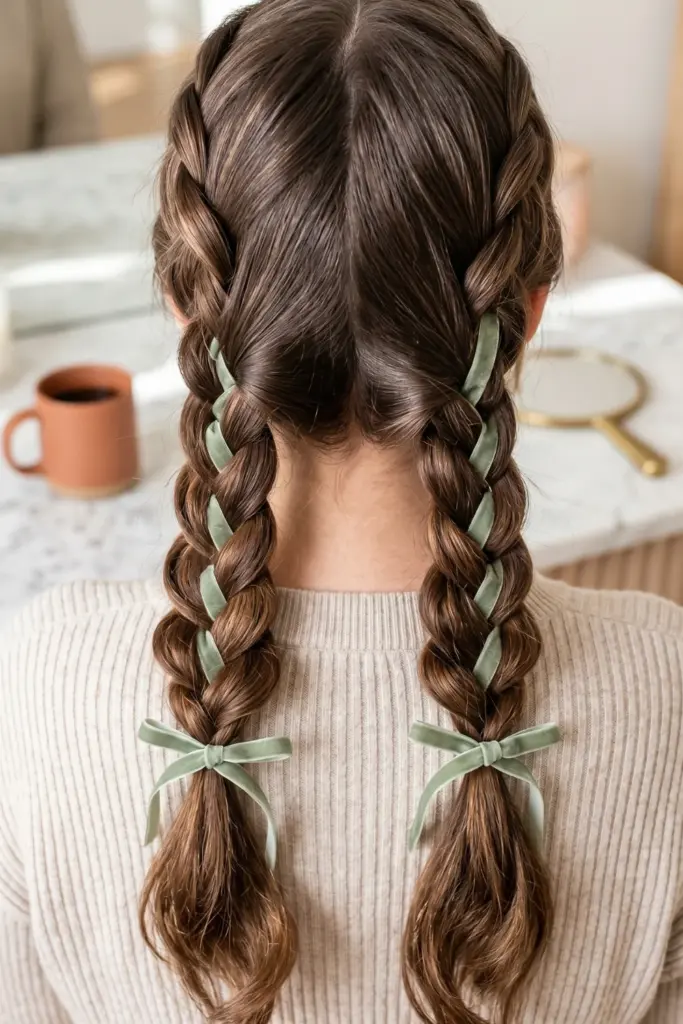pigtail-braids-ribbon-weave-cute-back-to-school-heatless-hairstyles-healthy-hair