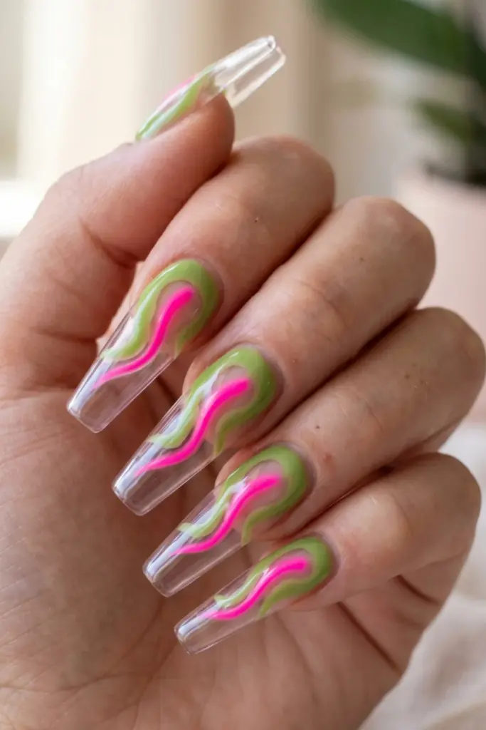pink-green-toxic-swirl-clear-acrylic-stunning-neon-abstract-swirl-acrylic-summer-nails-designs-ideas