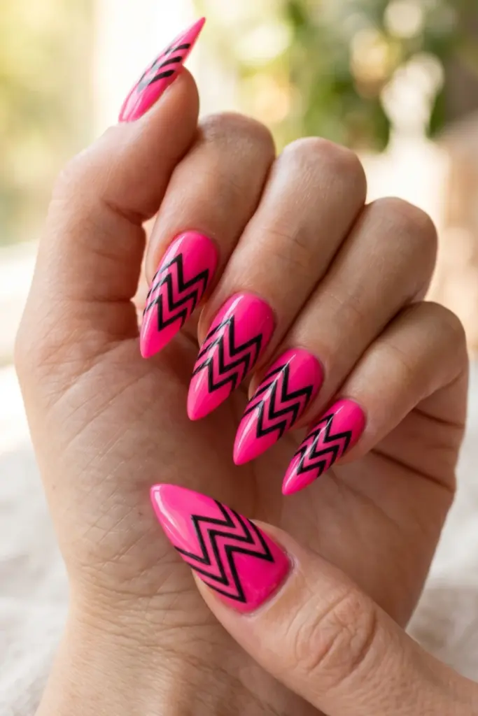 pink-neon-black-zigzag-stiletto-acrylic-summer-nail-design-ideas