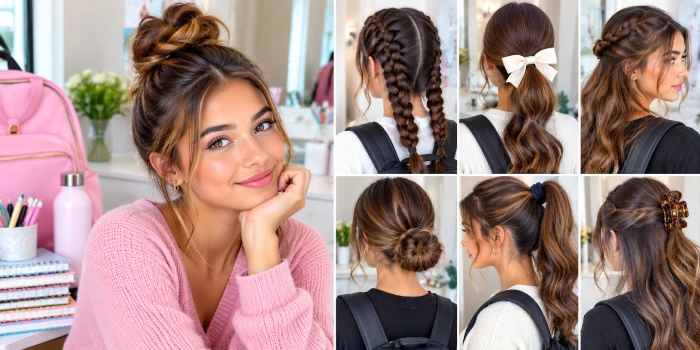 A stylish collage of quick back-to-school hairstyles, including braids, ponytails, buns, and half-up styles designed for fast, easy school mornings.