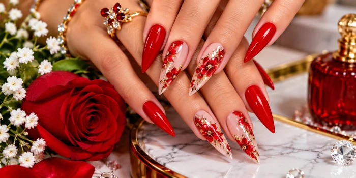 Ravishing red stiletto nails with delicate floral details, glossy red polish, nude floral accent nails, gold embellishments, rhinestones, and elegant red roses.