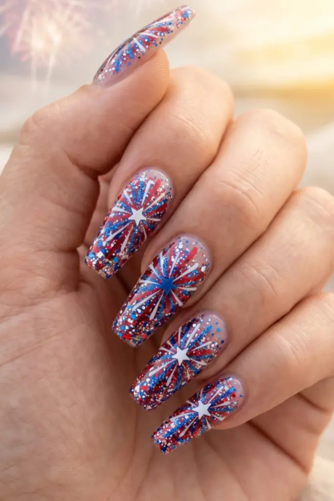 red-white-blue-glitter-burst-stunning-firework-nail-designs-fourth-july-holiday-parties