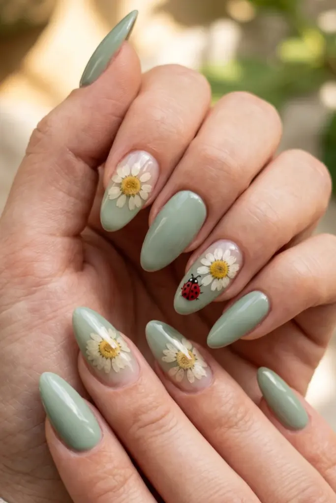 sage-green-pressed-daisy-hand-painted-ladybug-summer-nail-designs
