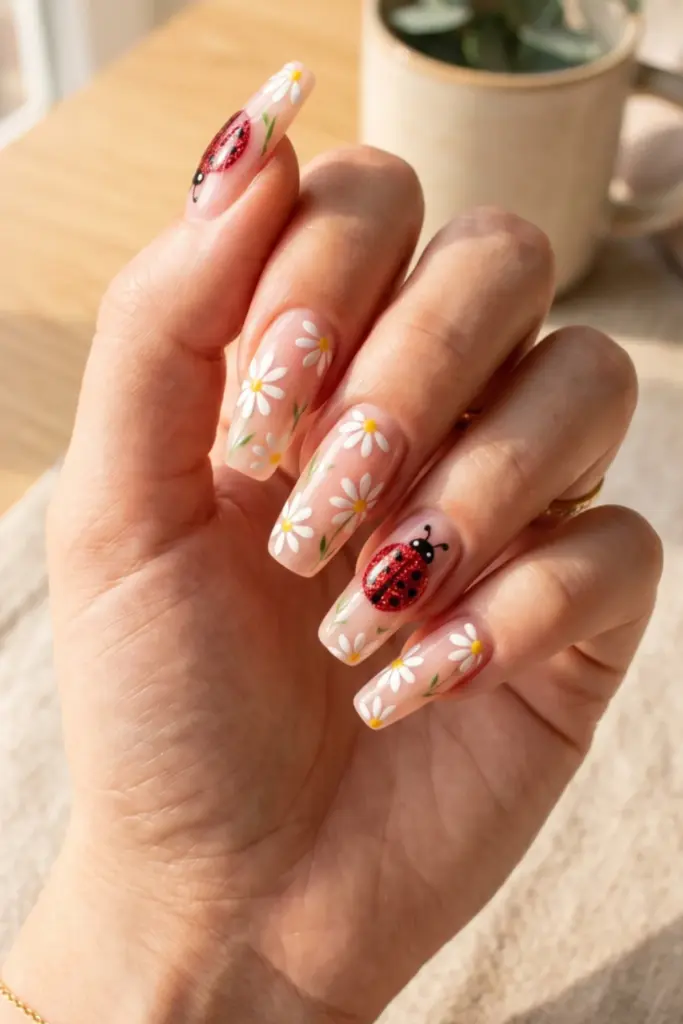 sheer-pink-glitter-ladybug-white-daisies-summer-nail-designs