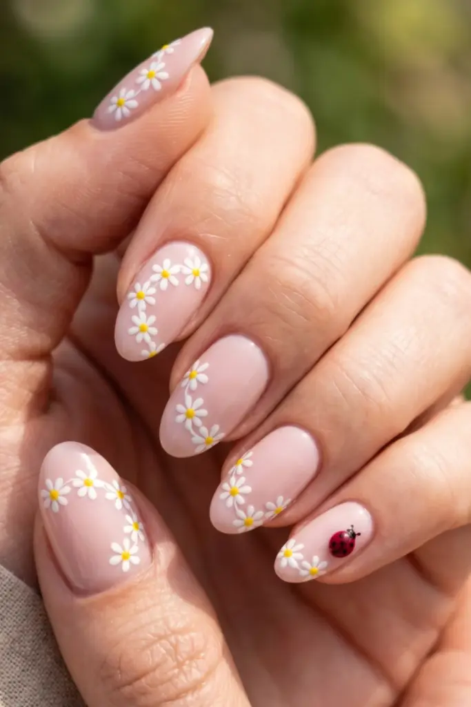 short-almond-nails-daisy-chain-one-ladybug-summer-nail-designs