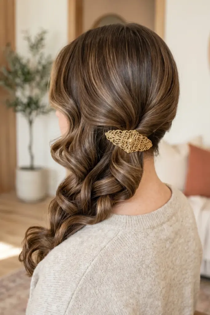 side-swept-curls-gold-barrette-fall-hairstyles