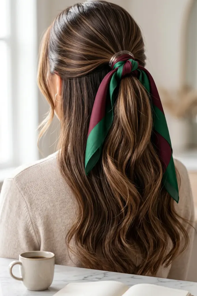 silk-scarf-rolled-half-up-style-cute-back-to-school-heatless-hairstyles-healthy-hair